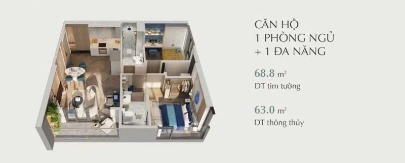 Layout căn hộ 1 phòng ngủ+ 1 đa năng