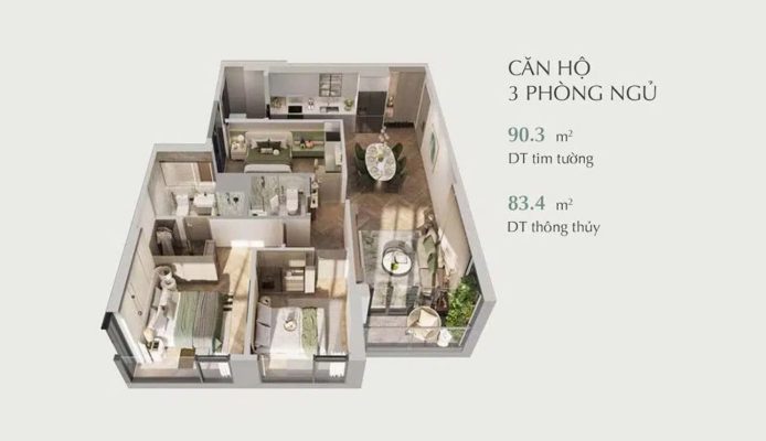 Layout căn hộ 3 phòng ngủ